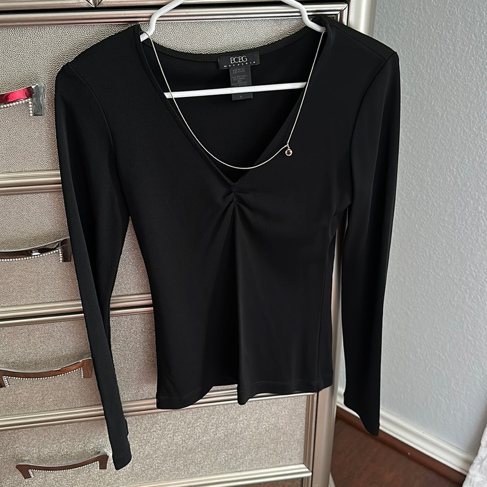 Size small BCBG black long-sleeve with chain detailing blouse top